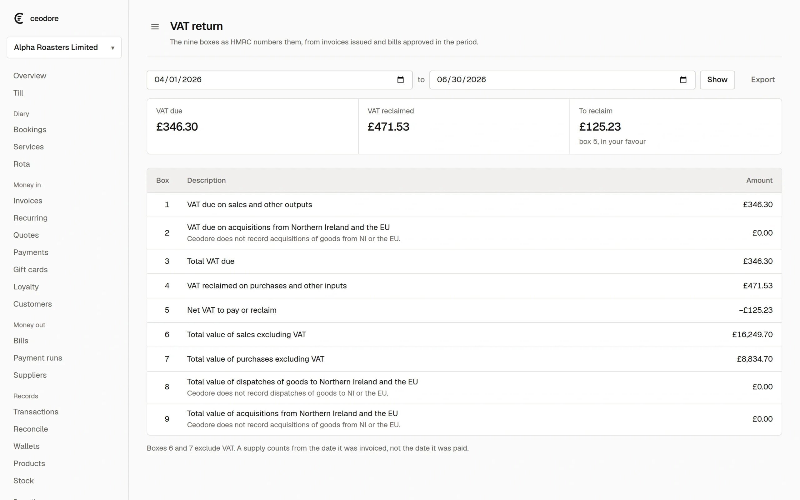 A completed Ceodore VAT return for the quarter ended 30 June 2026, showing all nine boxes as HMRC numbers them.