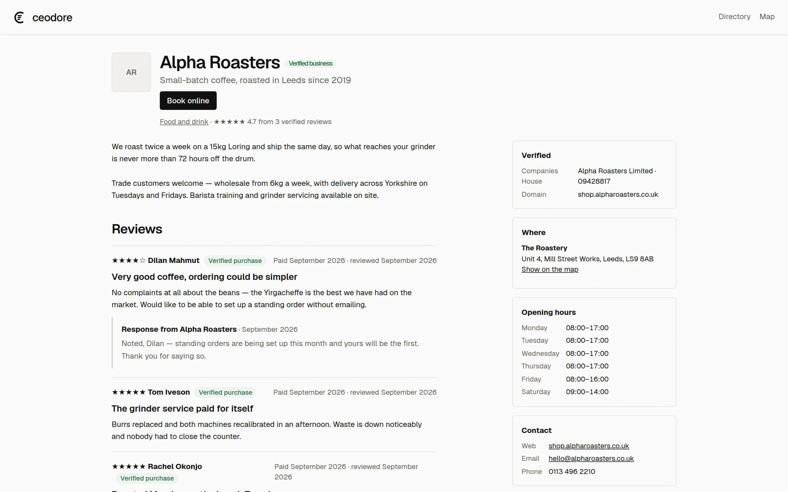 A public Ceodore business profile with verified-purchase reviews, the merchant's reply, opening hours and verification badges.