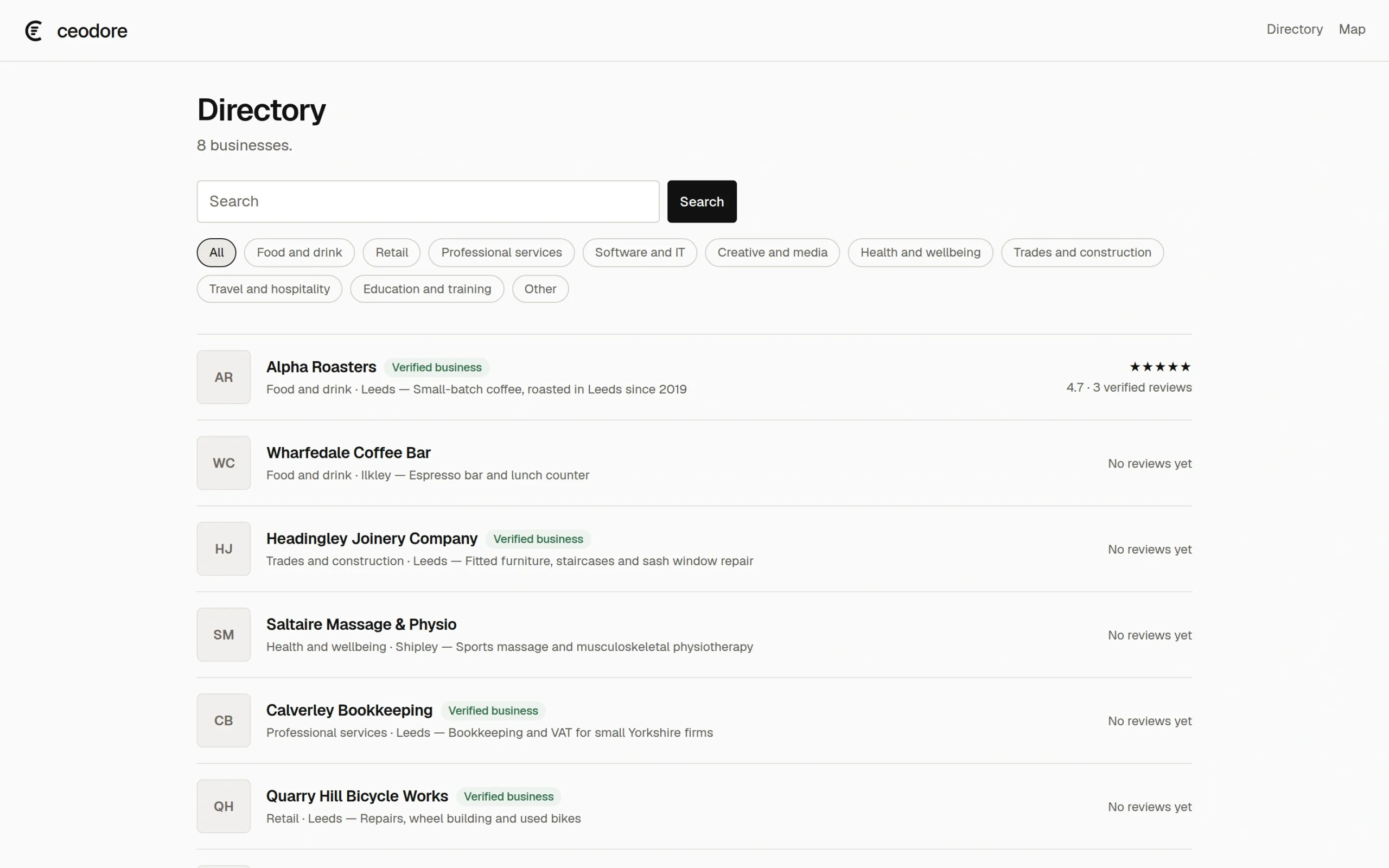 The Ceodore directory listing published businesses by category, with verified-business marks and review ratings.