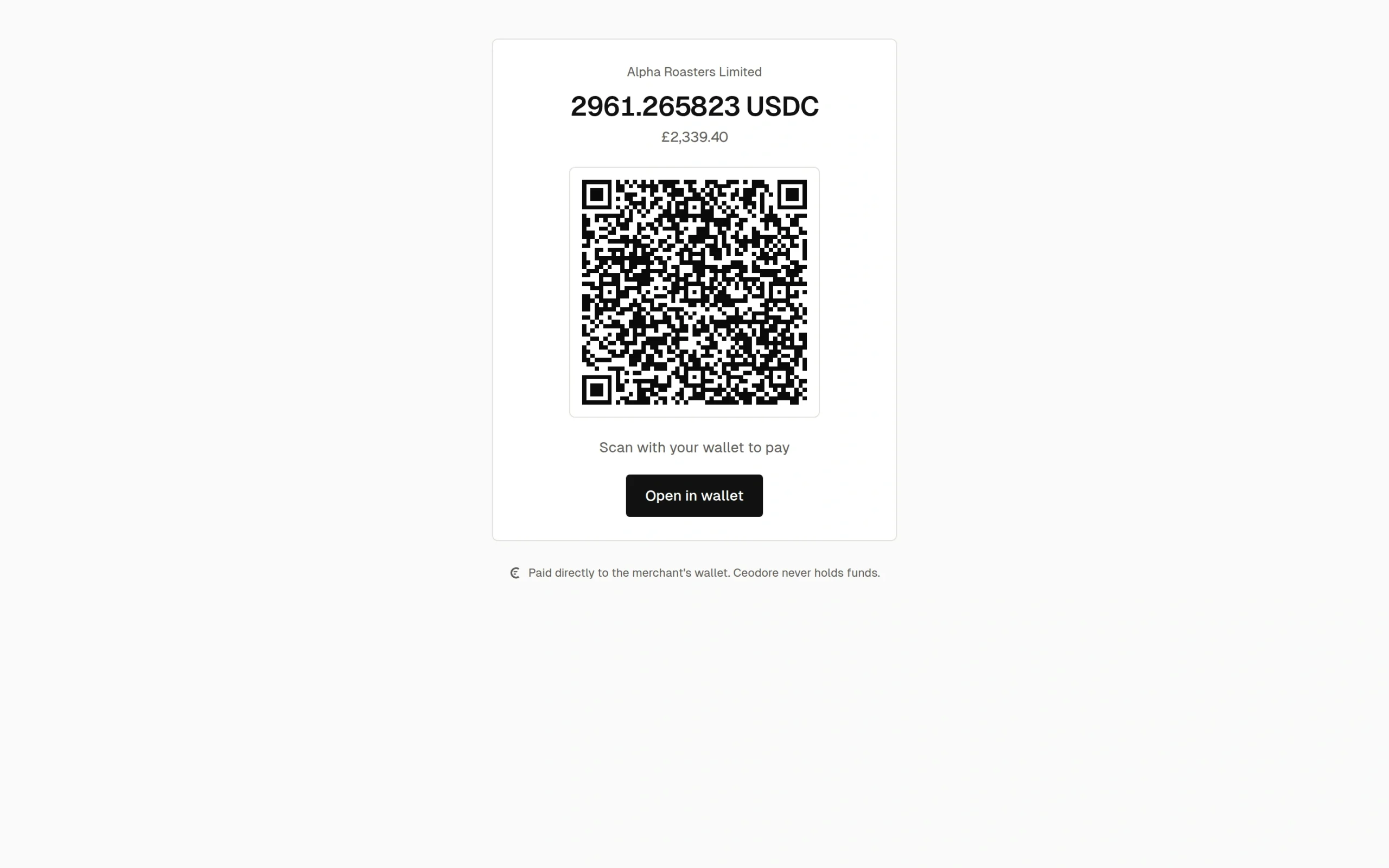 The Ceodore hosted checkout as a customer sees it, paying from their own wallet.