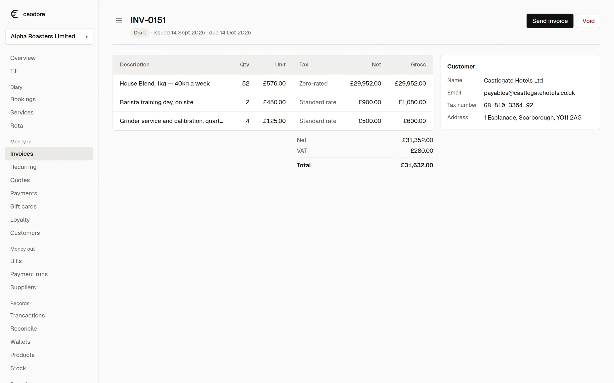 The invoice the accepted Ceodore quote became, with lines and totals carried across.