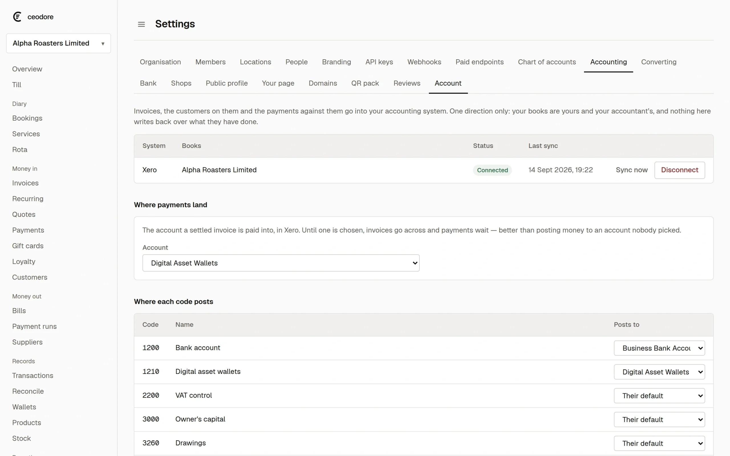 Ceodore connected to Xero, with the bank account chosen and every nominal code mapped to the Xero code it posts to.