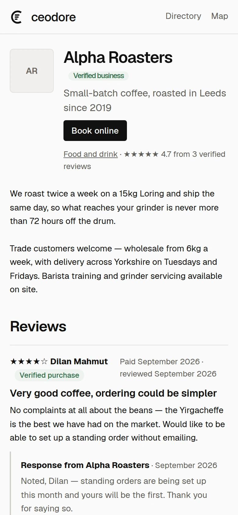 A Ceodore business profile on a phone, with verified reviews.