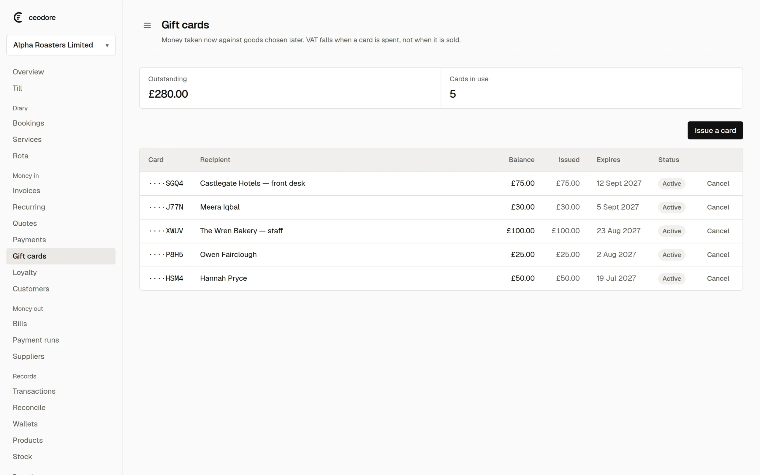 The Ceodore gift cards page showing cards in issue, the outstanding liability, and who each was sold to.
