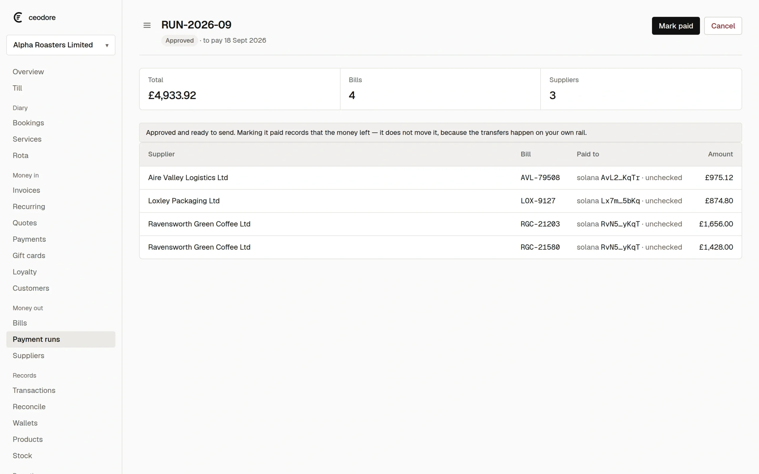 A Ceodore supplier payment run with four approved bills across three suppliers, each showing the wallet it pays to.